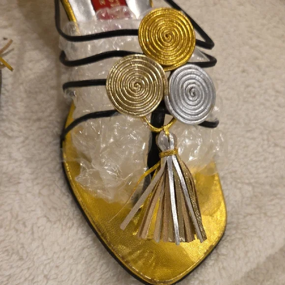 Andrea Pfister Metallic Gold Kitten Heel Mules w Decorative Gold Embellishments - Picture 5 of 6